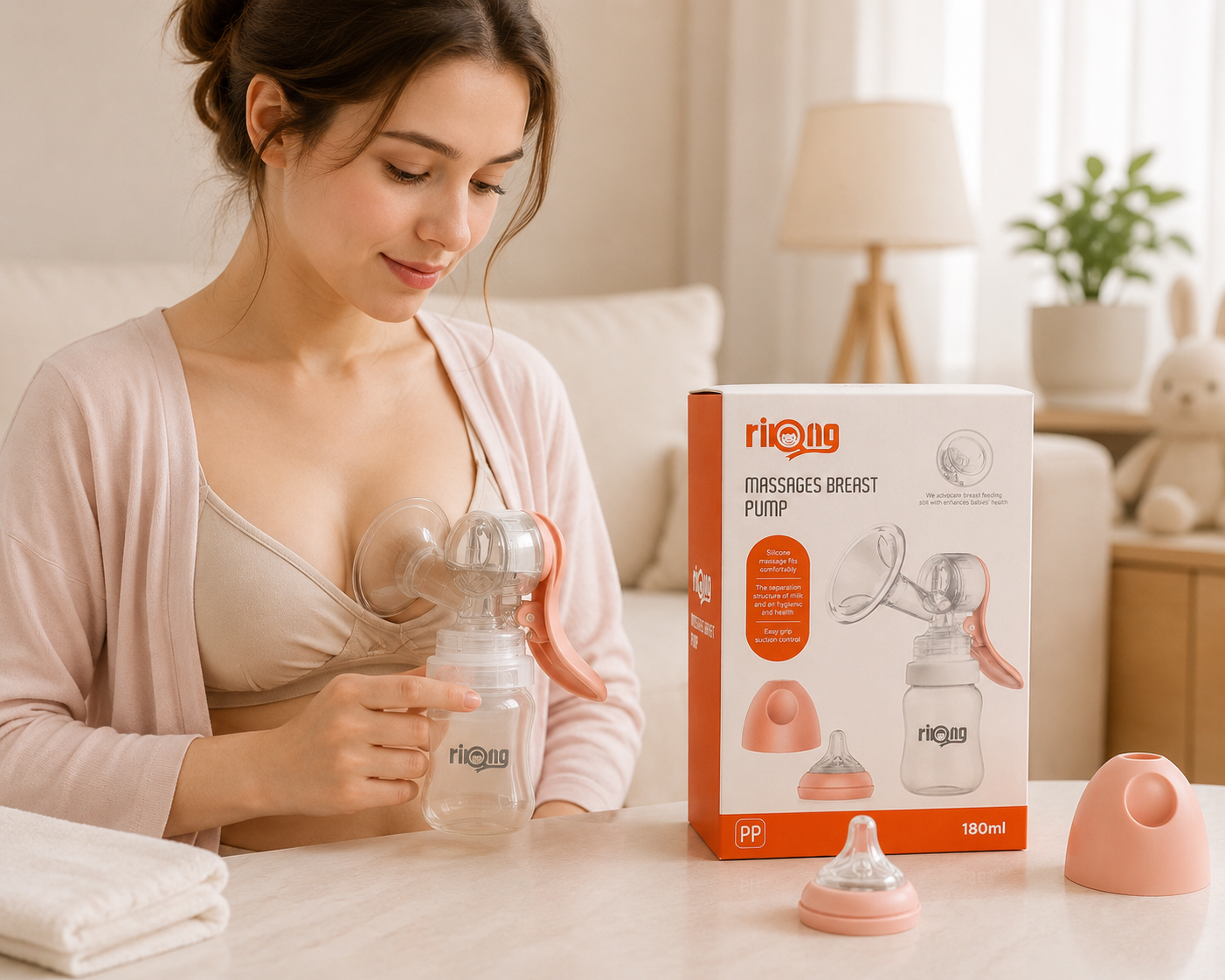 Riqing Manual Breast Pump 180ml with Silicone Massage Cushion, PP Bottle and Feeding Nipple